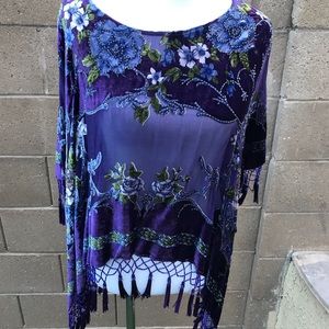 Beautiful Fringe Beaded Floral Shawl Cape Blouse